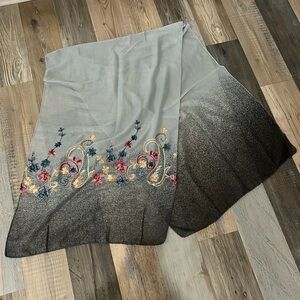 Beautiful Long Gray Floral Embroidered Scarf